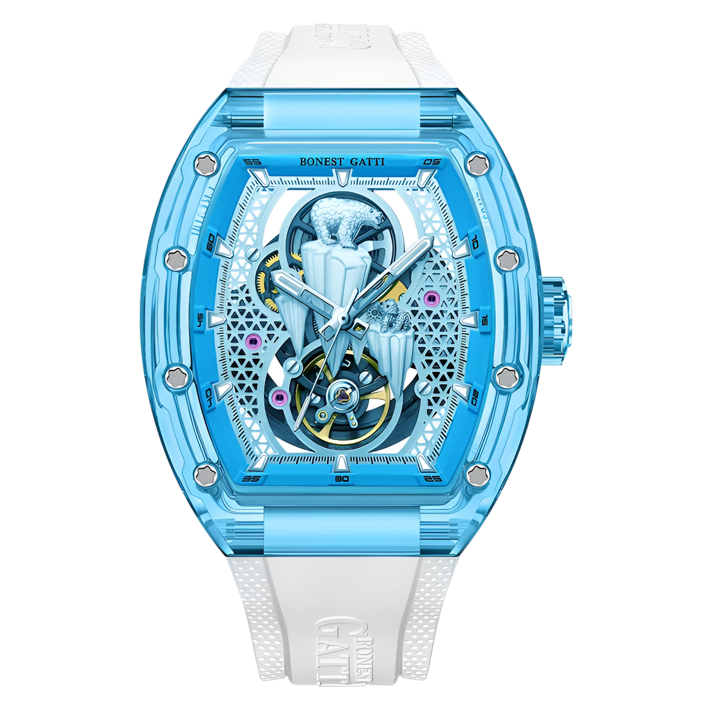 BONEST GATTI BG6002B mechanical skeleton watch blue transparent case front view