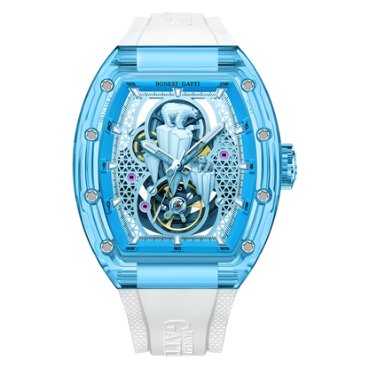 BONEST GATTI BG6002B mechanical skeleton watch blue transparent case front view