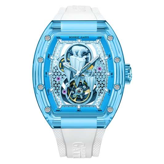 BONEST GATTI BG6002B mechanical skeleton watch blue transparent case front view