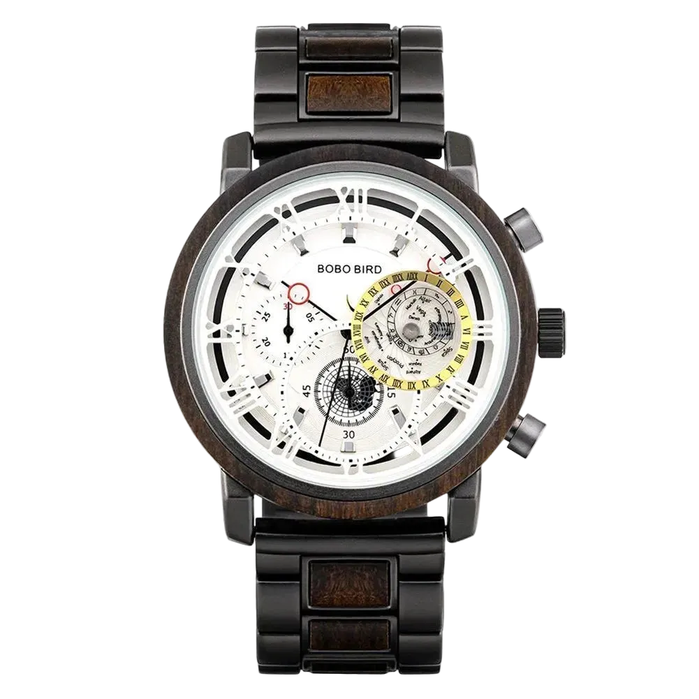 BOBO BIRD GT044 Men’s Quartz Watch White Dial Chronograph Front View