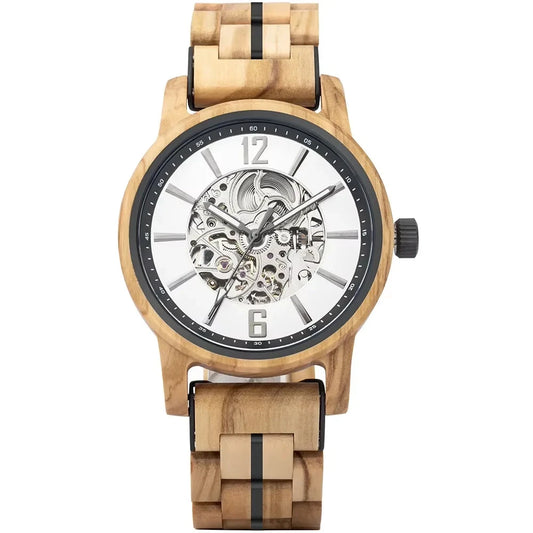 BOBO BIRD Wooden Automatic Watch – Olive Silver Edition with open-heart skeleton dial