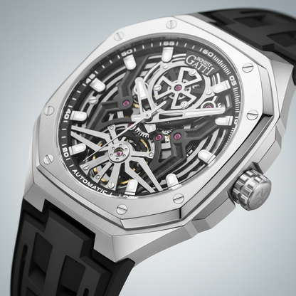 BONEST GATTI BG 5802 automatic diver watch with brushed silver case and skeleton dial studio close up