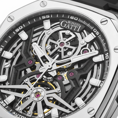 BONEST GATTI BG 5802 automatic diver watch skeleton dial macro detail with visible mechanical movement