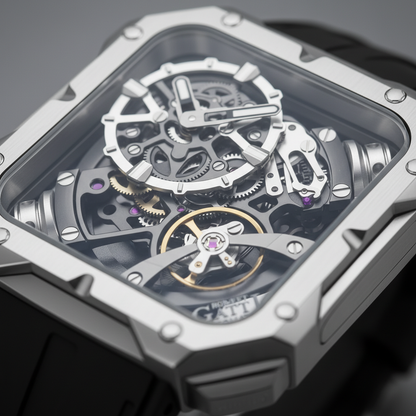 BONEST GATTI BG4001 mechanical skeleton watch for men close up view of carbon fiber movement and balance wheel