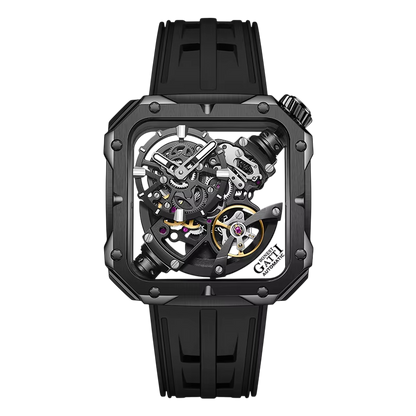 BONEST GATTI BG4001 men’s skeleton automatic watch black edition tonneau case carbon fiber movement front view