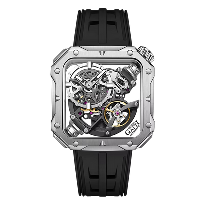 BONEST GATTI BG4001 men’s skeleton automatic watch with tonneau titanium case carbon fiber details and black strap front view