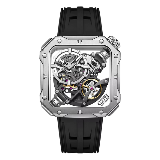 BONEST GATTI BG4001 men’s skeleton automatic watch with tonneau titanium case carbon fiber details and black strap front view