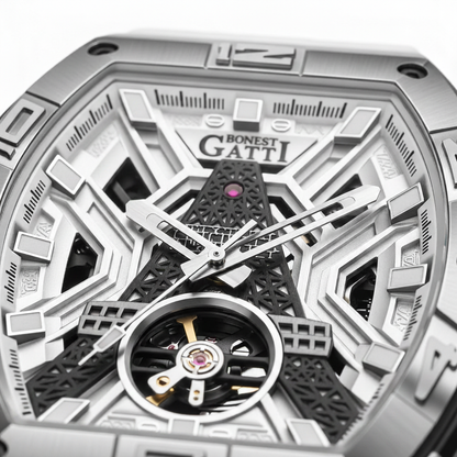 BONEST GATTI BG5001 automatic skeleton watch close up of silver openwork dial with visible balance wheel