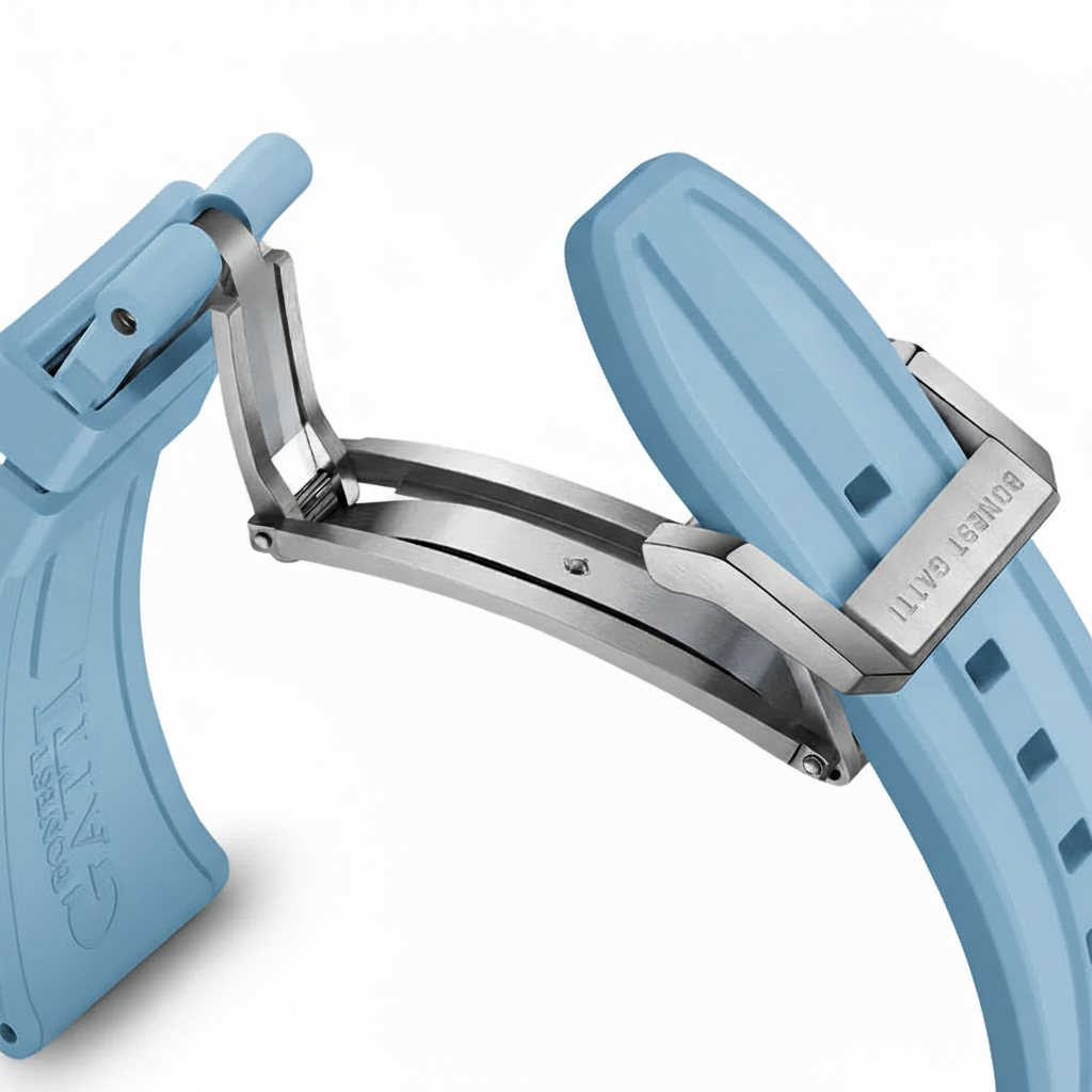 BONEST GATTI BG7003 men’s automatic tourbillon watch with light blue rubber strap and brushed steel folding clasp