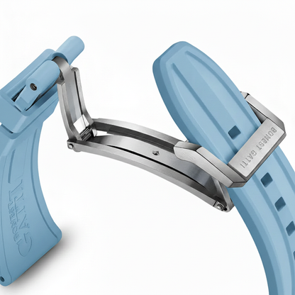 BONEST GATTI BG7003 men’s automatic tourbillon watch with light blue rubber strap and brushed steel folding clasp