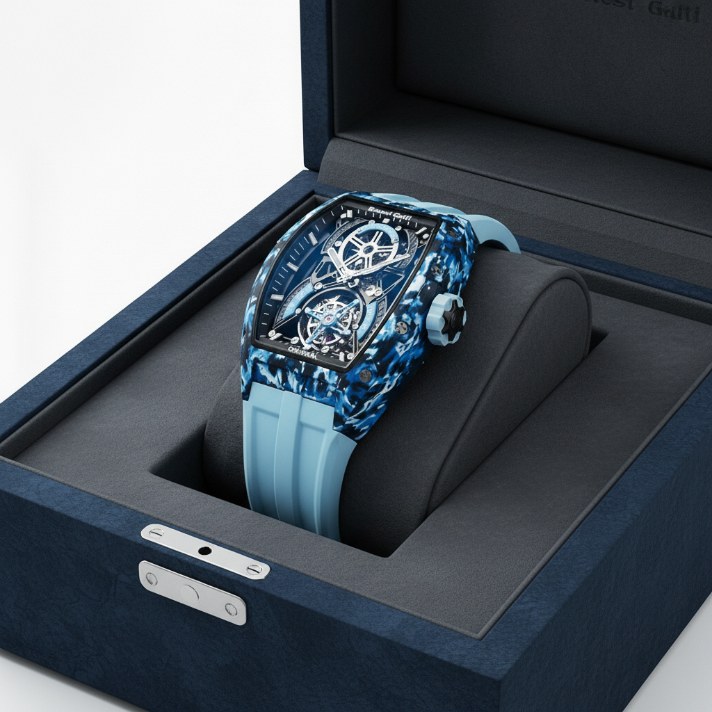 BONEST GATTI BG7003 men’s automatic tourbillon watch displayed in luxury presentation box with light blue strap