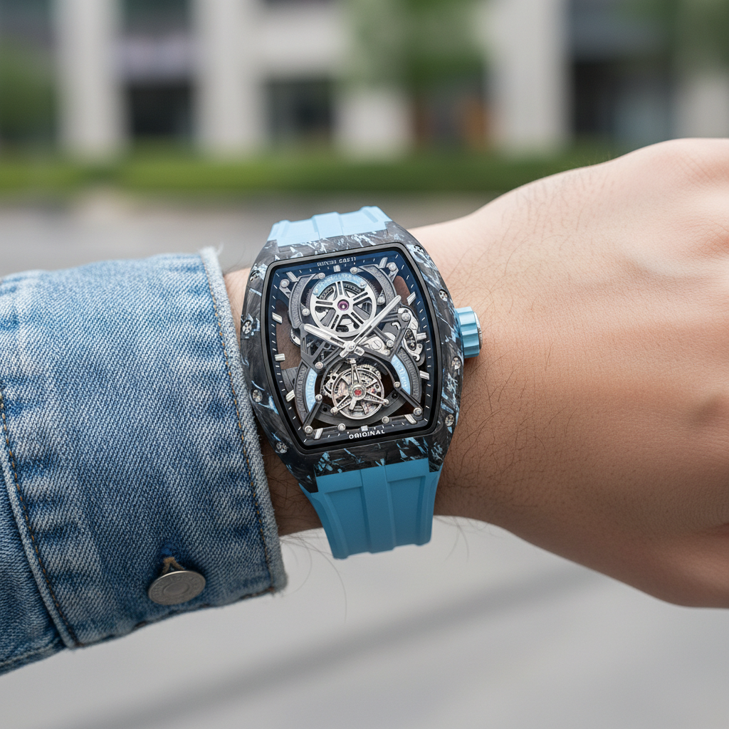 BONEST GATTI BG7003 men’s automatic tourbillon watch worn on wrist with light blue strap and carbon fiber case