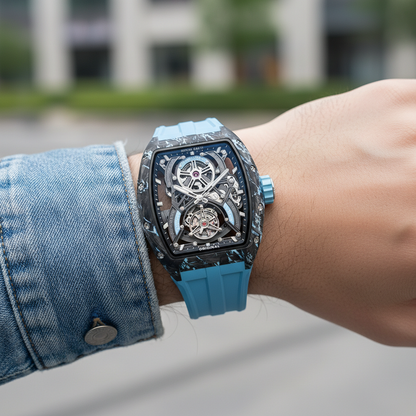 BONEST GATTI BG7003 men’s automatic tourbillon watch worn on wrist with light blue strap and carbon fiber case