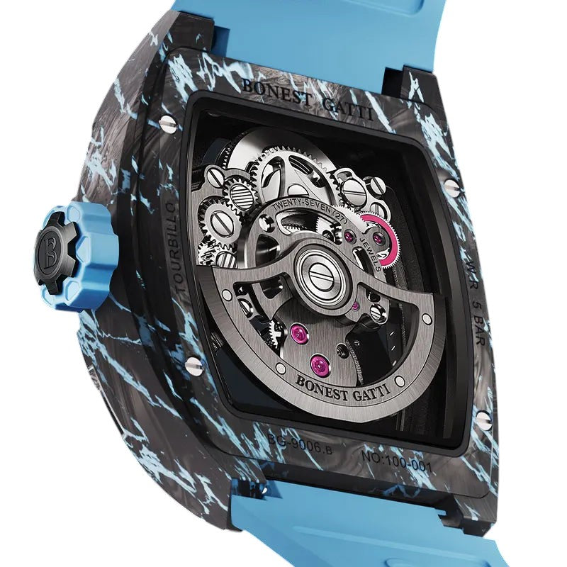 BONEST GATTI BG7003 automatic tourbillon watch with open folding clasp and light blue rubber strap