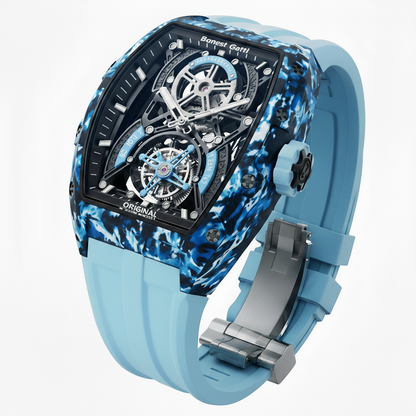 BONEST GATTI BG7003 men’s automatic tourbillon watch side view highlighting carbon fiber case and blue crown