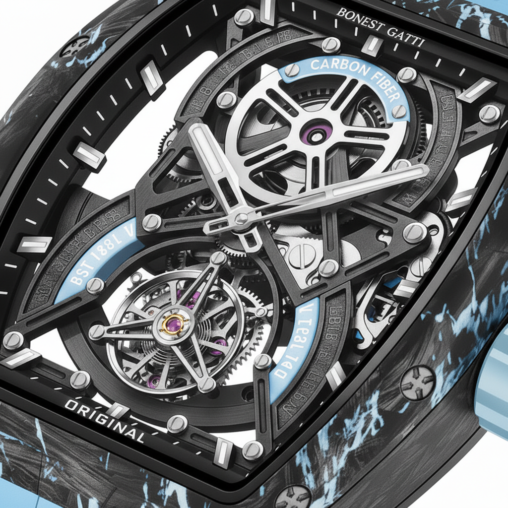 BONEST GATTI BG7003 automatic tourbillon watch dial close up showing carbon fiber architecture and exposed movement