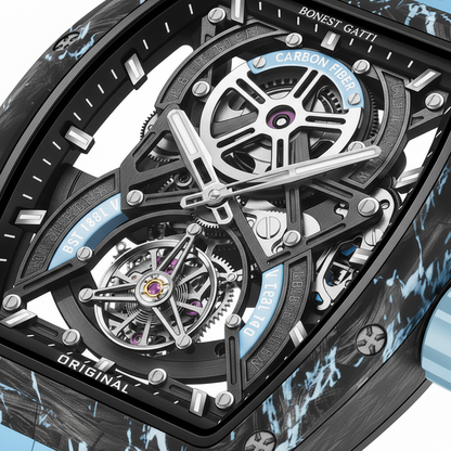 BONEST GATTI BG7003 automatic tourbillon watch dial close up showing carbon fiber architecture and exposed movement