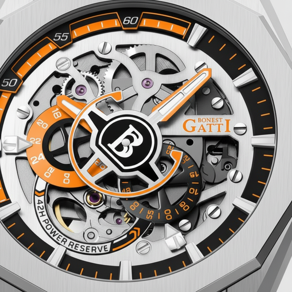 Close-up of BONEST GATTI BG7601-S color dial showing skeleton movement, orange accents and luminous details