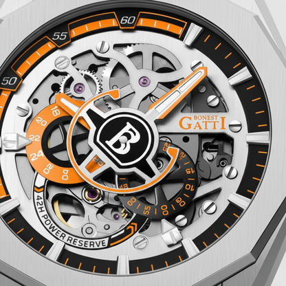 Close-up of BONEST GATTI BG7601-S color dial showing skeleton movement, orange accents and luminous details