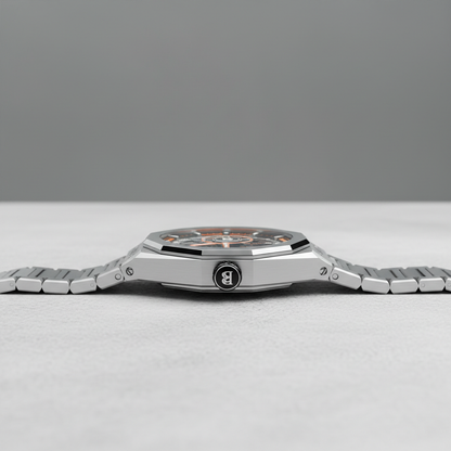 Side profile of BONEST GATTI BG7601-S showing slim silver case, crown detail and integrated bracelet