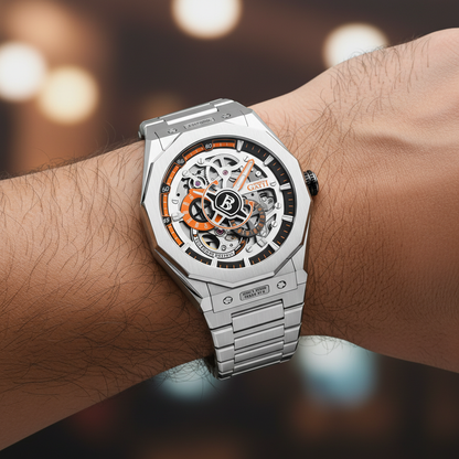 BONEST GATTI BG7601-S automatic mechanical watch worn on wrist with silver bracelet and color dial