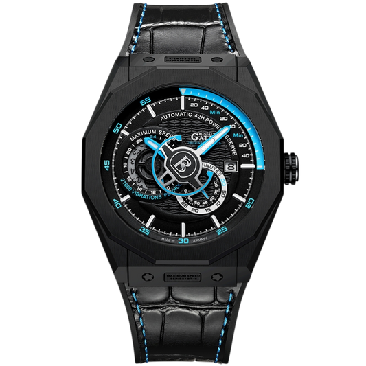 BONEST GATTI BG8601 B King’s Speed automatic mechanical watch with black case and blue highlights, modern performance watch