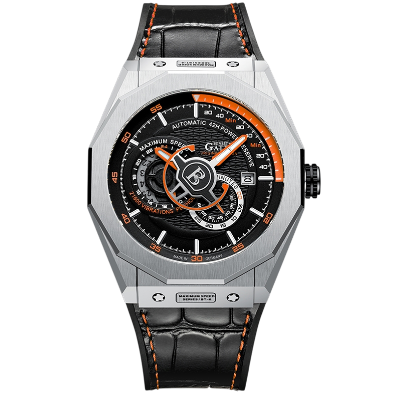 BONEST GATTI BG8601 B King’s Speed automatic mechanical watch with silver case and orange highlights, dynamic motorsport aesthetic
