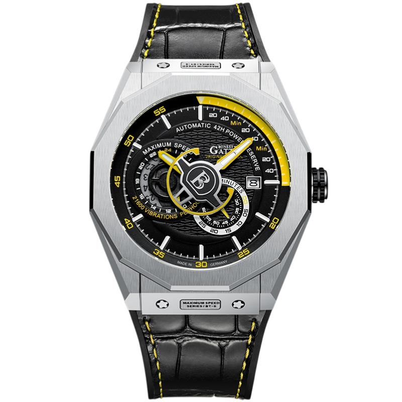 BONEST GATTI BG8601 B King’s Speed automatic mechanical watch with silver case and yellow details, bold racing inspired design