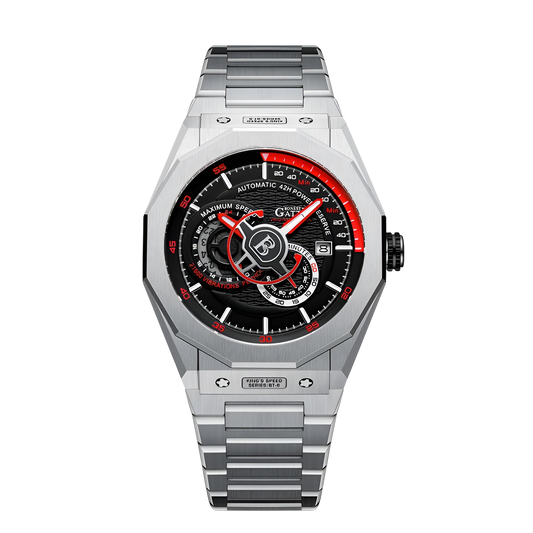 BONEST GATTI BG8601 S automatic skeleton watch with red dial stainless steel case front view