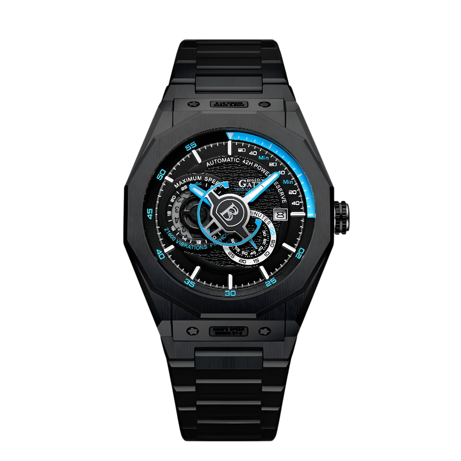 BONEST GATTI BG8601-S blue dial skeleton automatic watch black stainless steel case front view
