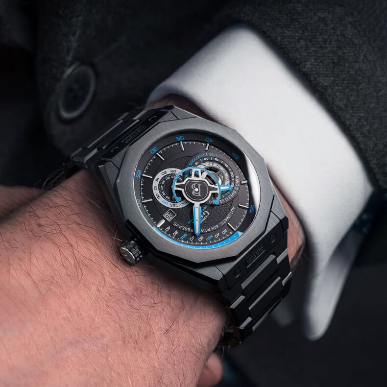 BONEST GATTI BG8601-S skeleton automatic watch with blue dial worn on wrist black stainless steel case lifestyle view