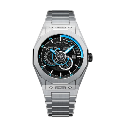 BONEST GATTI BG8601-S blue dial skeleton automatic watch silver stainless steel case front view