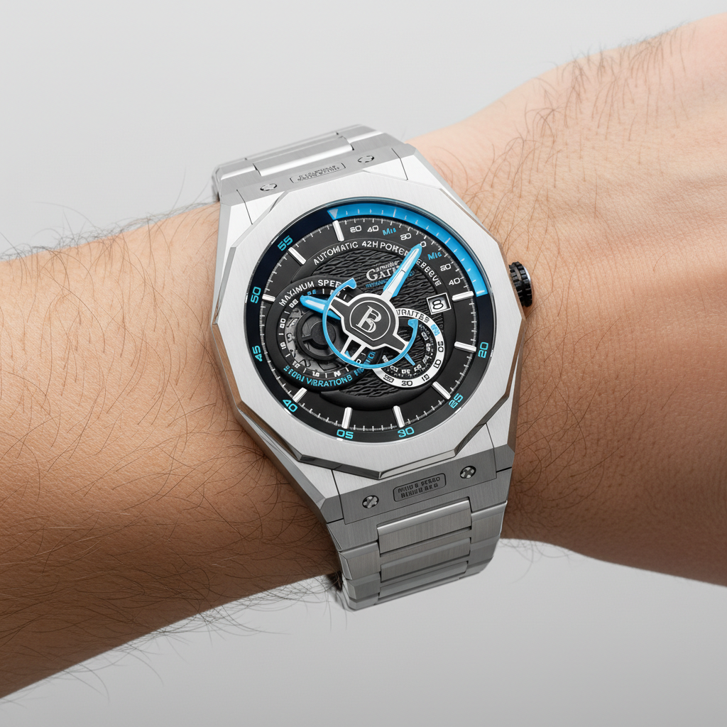 BONEST GATTI BG8601-S blue dial skeleton automatic watch silver stainless steel case worn on wrist