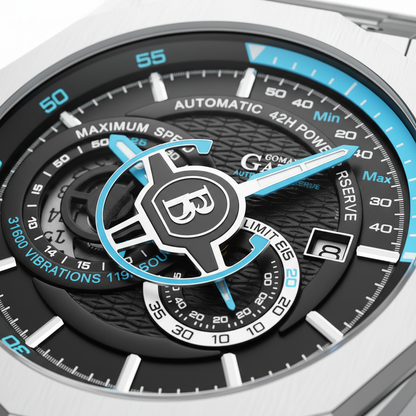 BONEST GATTI BG8601-S blue dial skeleton automatic watch detailed dial macro showing mechanical movement