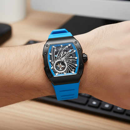BONEST GATTI BG9902 Skeleton Phantom Speed automatic watch worn on wrist with blue rubber strap and skeleton dial