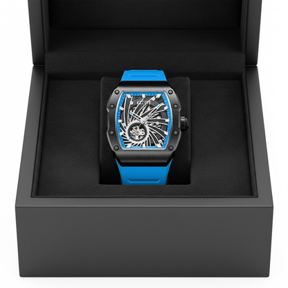 BONEST GATTI BG9902 Skeleton Phantom Speed automatic watch displayed in luxury presentation box with blue strap