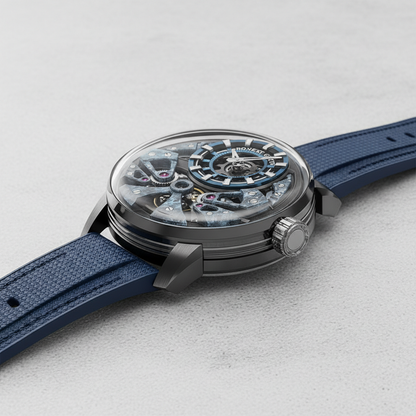 Bonest Gatti BG4002 automatic skeleton watch side profile showing sapphire crystal case and blue leather strap