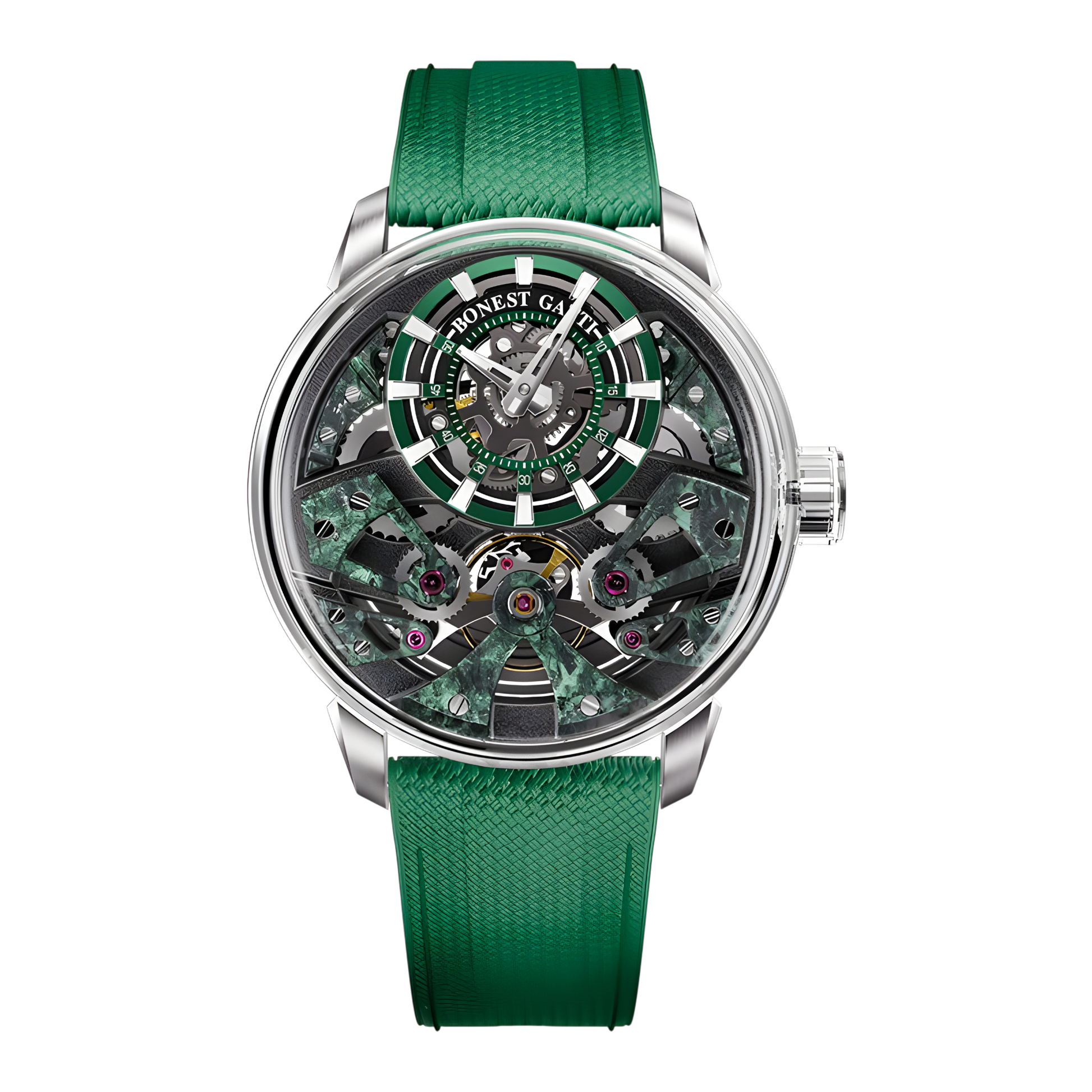 Bonest Gatti BG4002 automatic skeleton watch front view with green dial and sapphire crystal