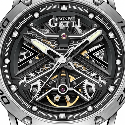 BONEST GATTI BG4601 skeleton dial close up highlighting openworked movement and luminous hands