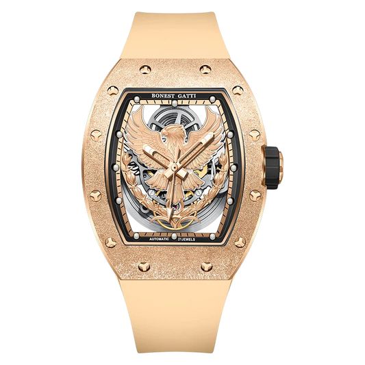 BONEST GATTI BG5002 men’s automatic skeleton watch with gold eagle dial front view
