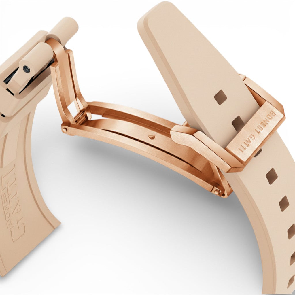 BONEST GATTI BG5002 skeleton automatic dragon watch rose gold folding clasp with silicone strap detail