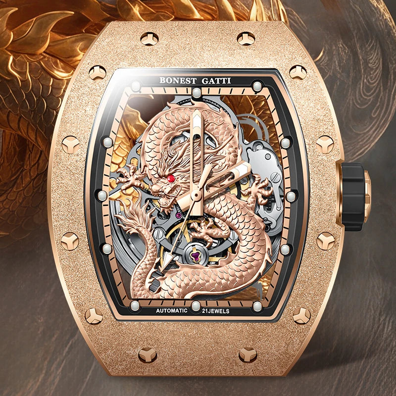 BONEST GATTI BG5003 men’s automatic watch showing sapphire caseback and rotor engraving