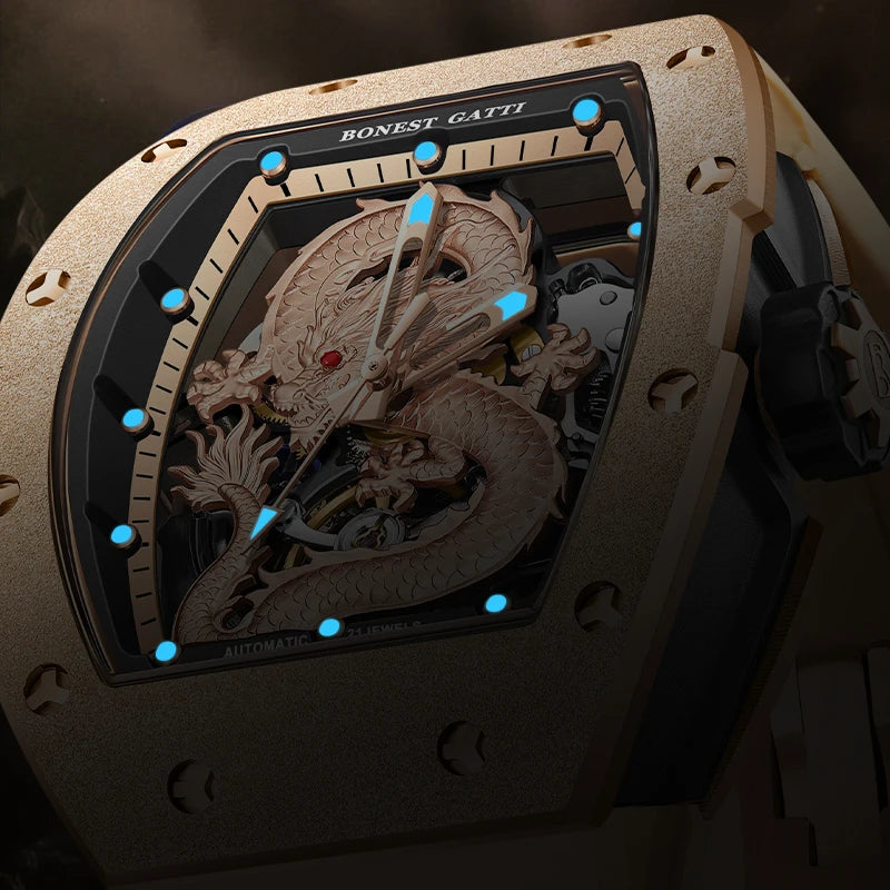 BONEST GATTI BG5003 skeleton automatic watch dragon engraving and luminous hands