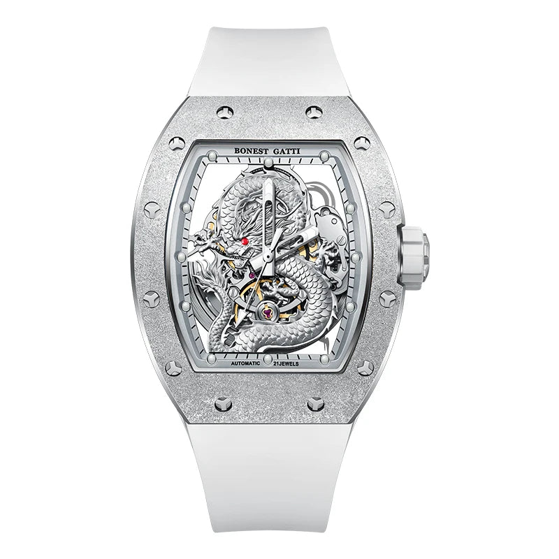 BONEST GATTI BG5003 rose gold skeleton automatic watch with 3D dragon dial