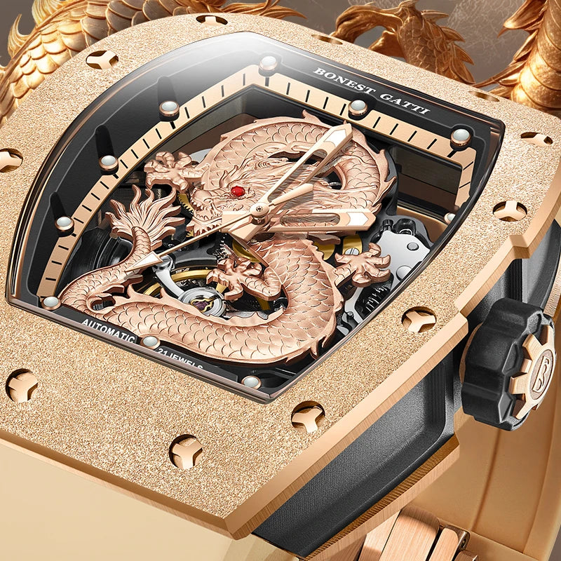 BONEST GATTI BG5003 automatic skeleton watch with rose gold dragon dial close-up