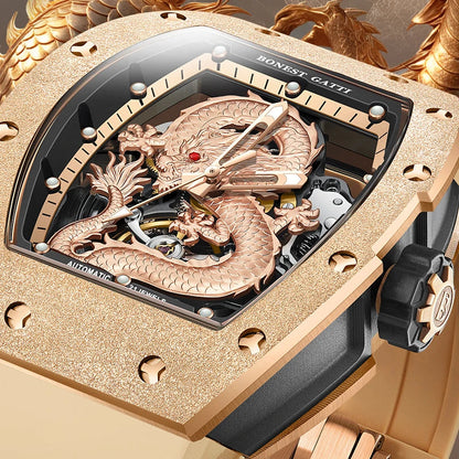 BONEST GATTI BG5003 automatic skeleton watch with rose gold dragon dial close-up