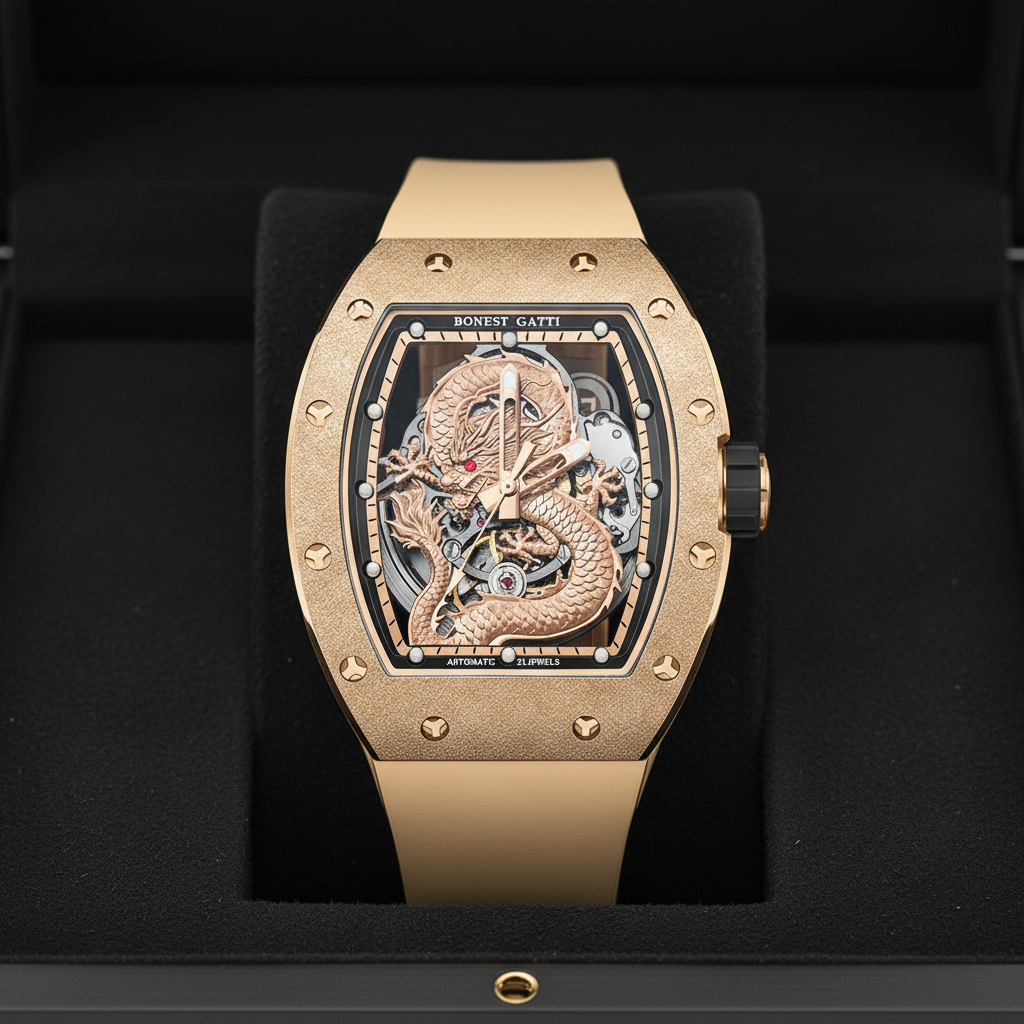 BONEST GATTI BG5003 skeleton automatic dragon watch rose gold edition displayed in luxury presentation box