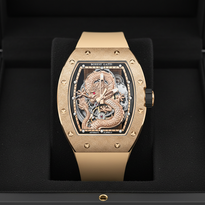 BONEST GATTI BG5003 skeleton automatic dragon watch rose gold edition displayed in luxury presentation box