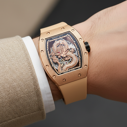 BONEST GATTI BG5003 skeleton automatic dragon watch reminder rose gold worn on wrist lifestyle view