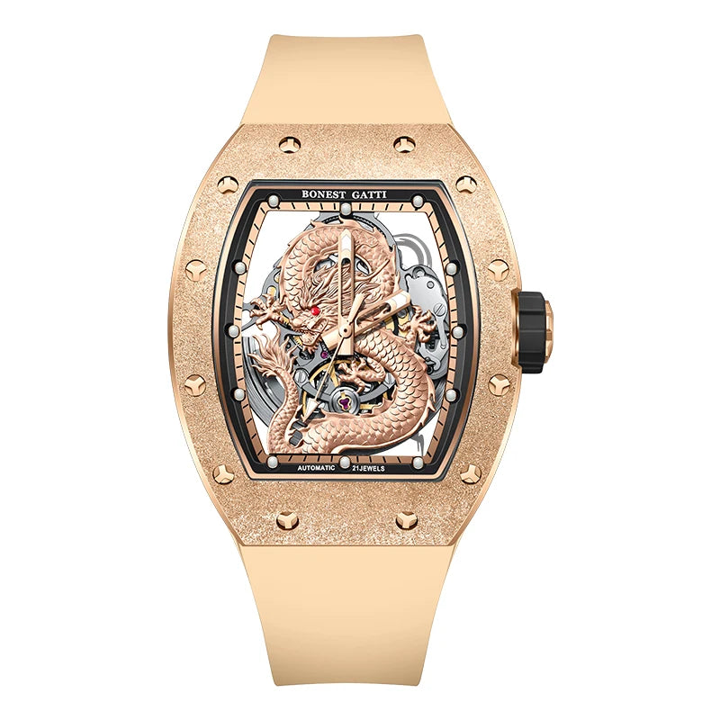 BONEST GATTI BG5003 Skeleton Automatic Watch silver open-heart dragon dial front view